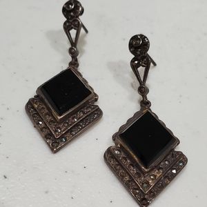 Vintage 925 Sterling Silver Earrings With Onyx and